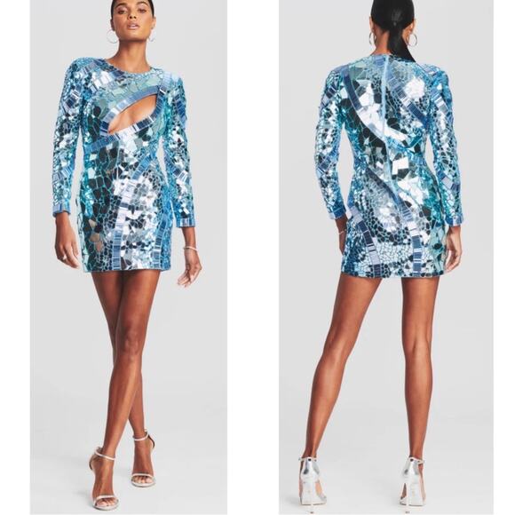 Retrofete Kia Mirror Embellished Mosaic Long Sleeve Blue Atoll Mini Dress Sz M - Picture 3 of 15